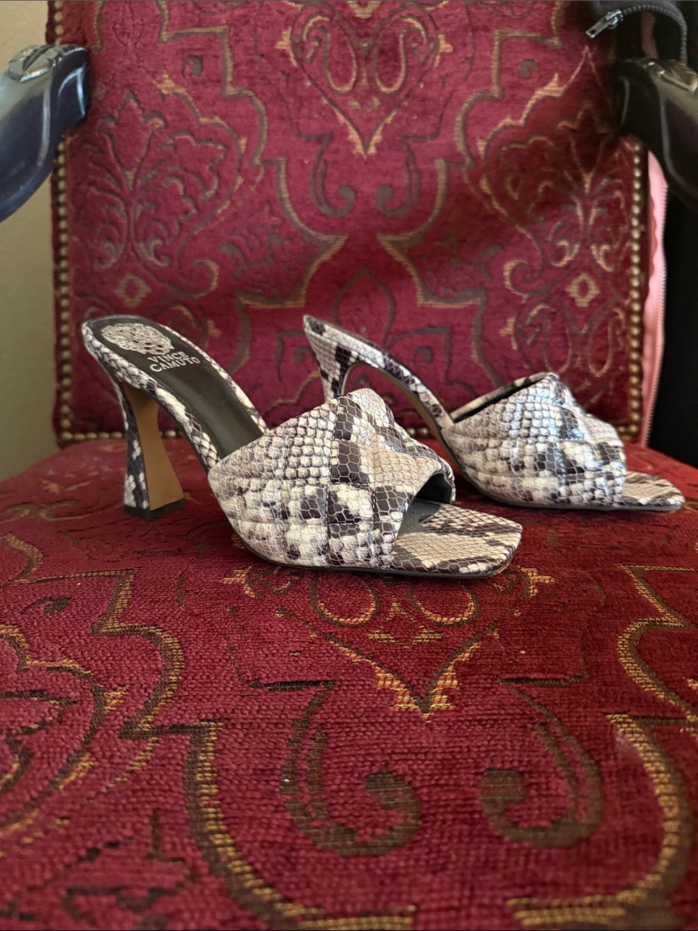 Vince Camuto Black & White Snake-Print Slide Mules